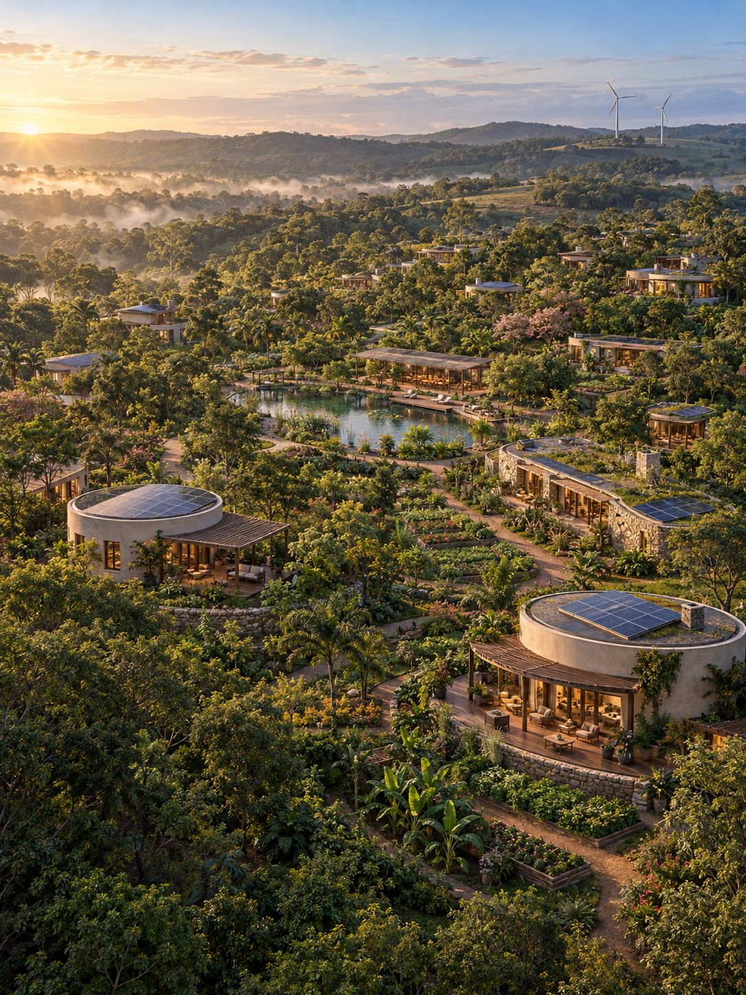 Vista aérea ao amanhecer: casas redondas com telhados solares entre a mata, a biopiscina no centro e neblina sobre os morros.