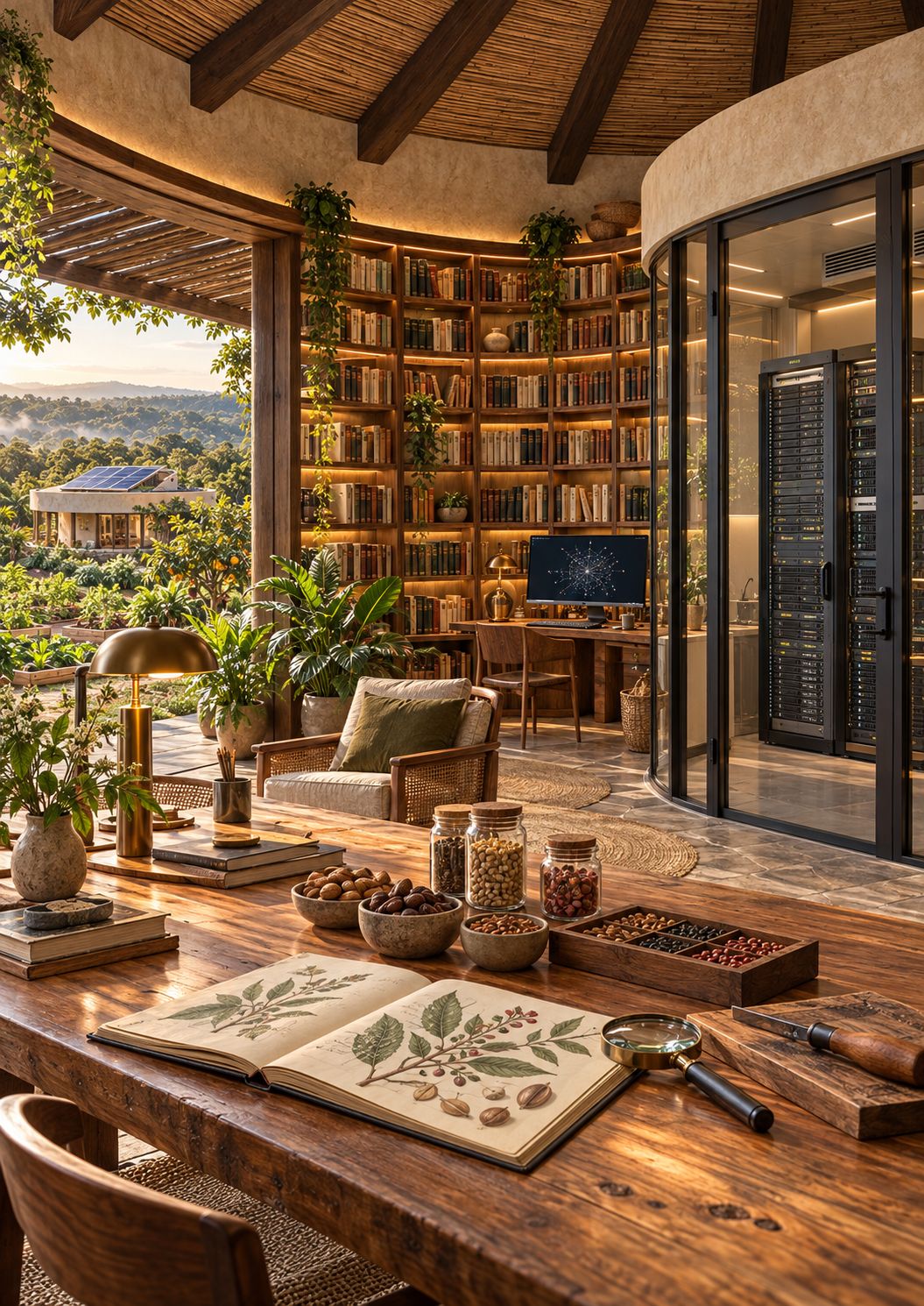Biblioteca de madeira em curva com livros, um herbário aberto e potes de sementes sobre a mesa; ao lado, uma sala de servidores com paredes de vidro.