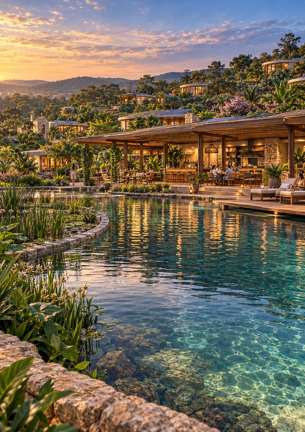A biopiscina natural ao pôr do sol, com bordas de pedra e plantas aquáticas; ao fundo, o pavilhão do restaurante com pessoas à mesa e uma pequena capela.