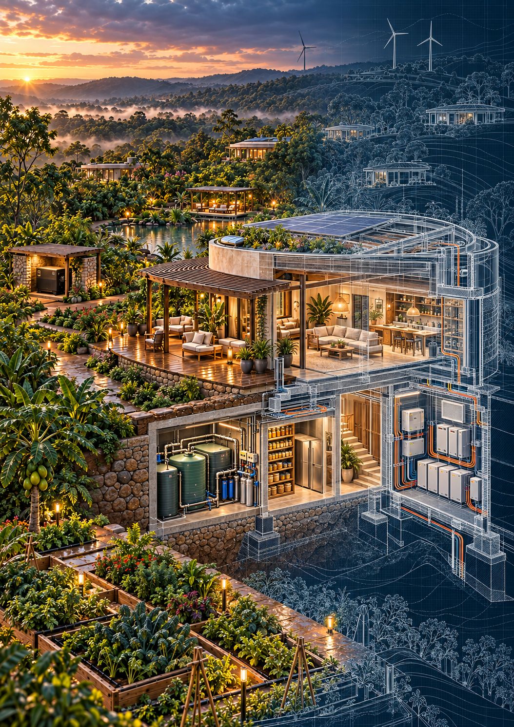 Corte de uma casa da Cidadela: reservatórios de água e filtros no subsolo, despensa com conservas, baterias e quadros elétricos, horta ao lado.