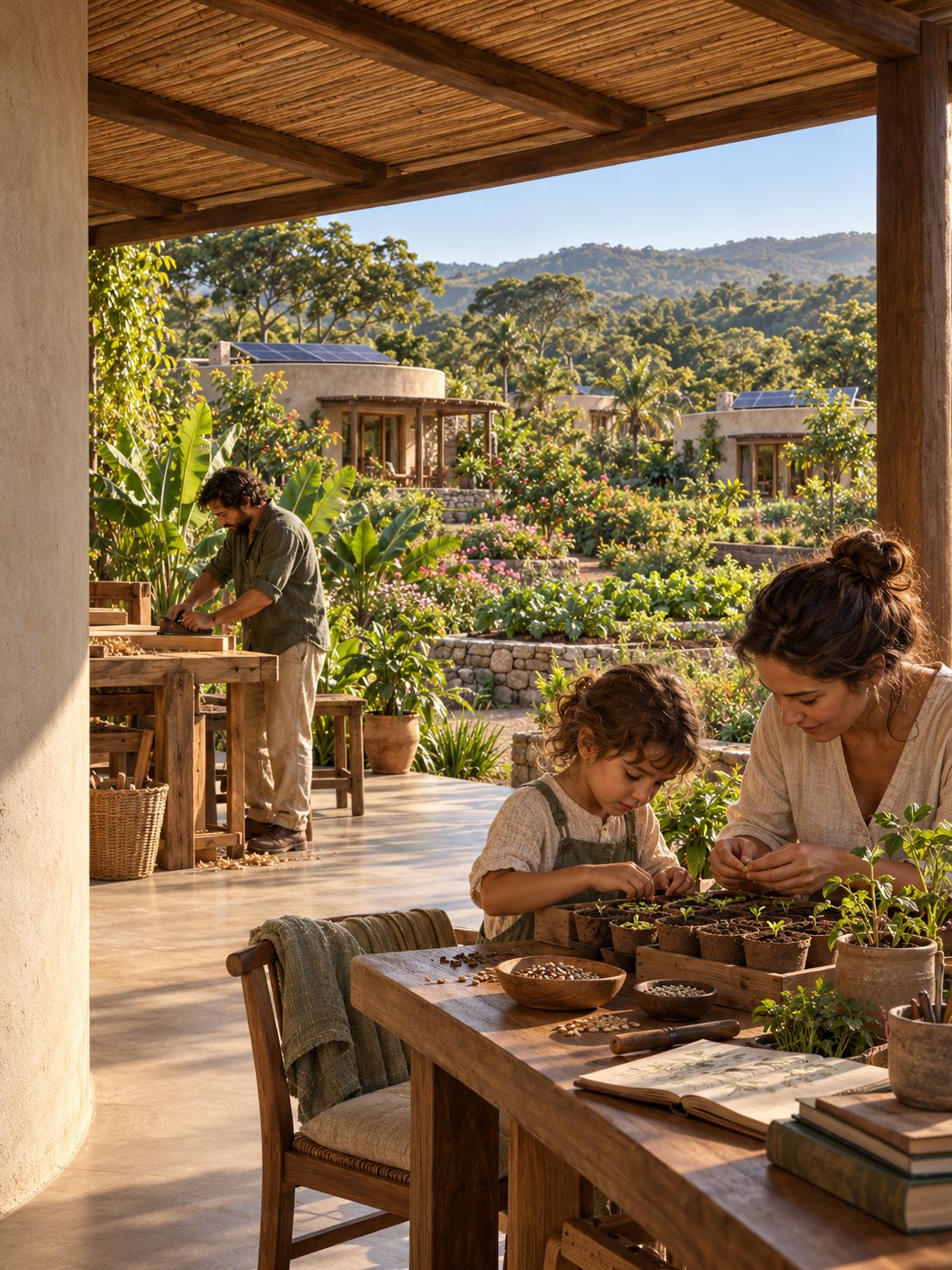 Mãe e filha plantam sementes em vasos numa varanda sombreada; ao fundo, o pai trabalha a madeira entre canteiros e casas redondas.