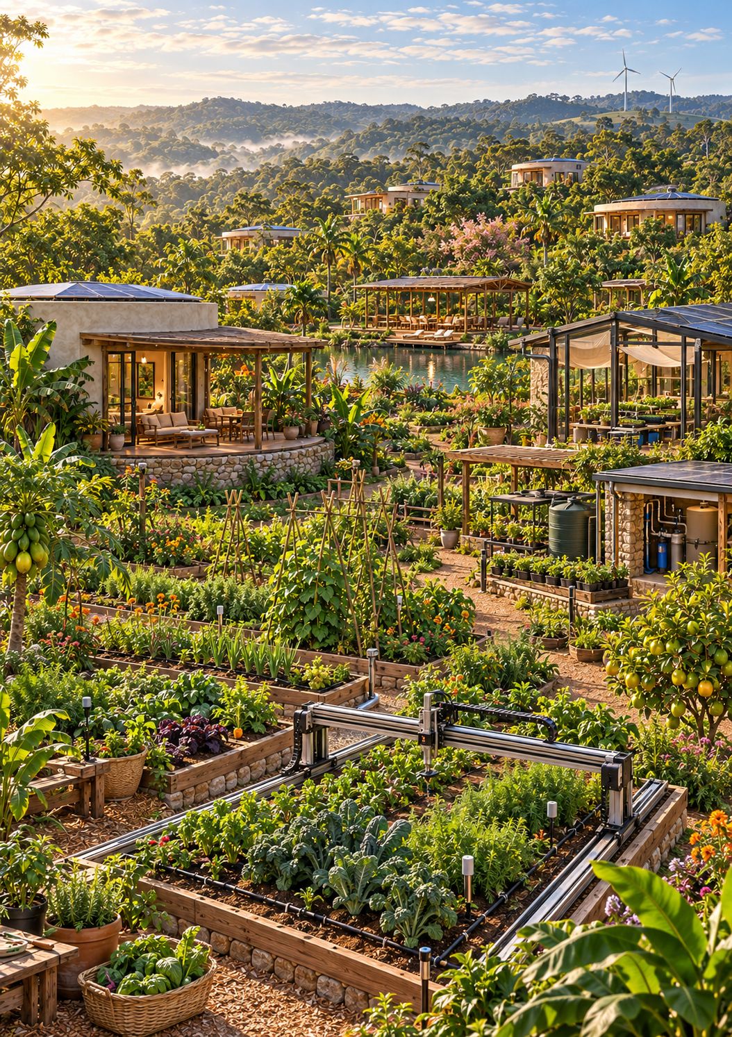Canteiros elevados de hortaliças com um robô agrícola de pórtico, estufa e pés de mamão e cítricos.